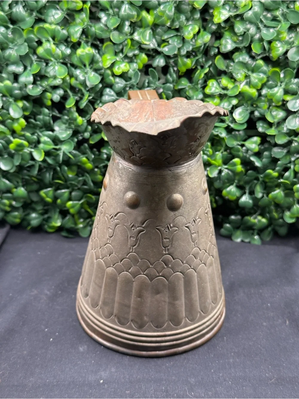 Antique Middle Eastern Tinned Copper Pitcher Ewer - Hand Hammered Floral Design